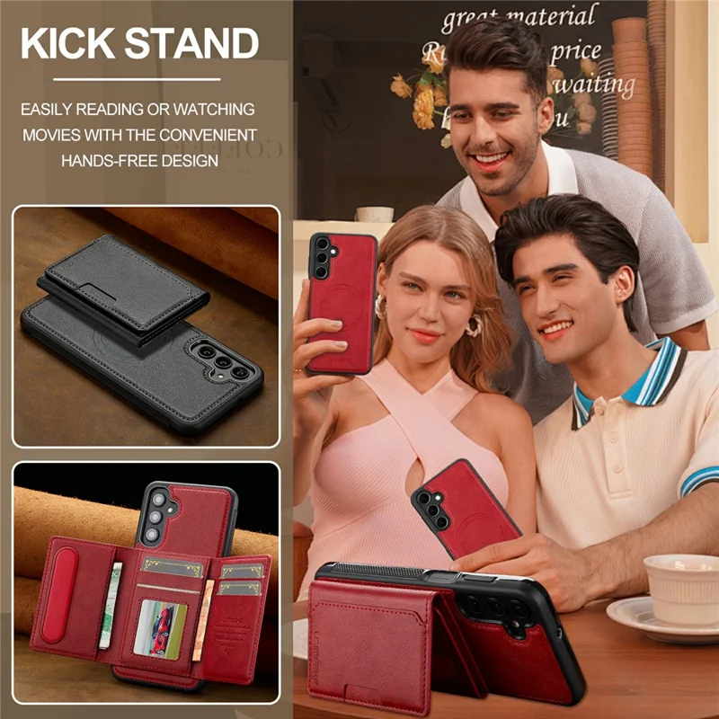 LC.IMEEKE L5 For Samsung Galaxy A37 Magnetic Phone Case Leather Back Cover with Detachable Card Holder - Red