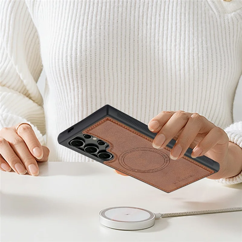 LC.IMEEKE для Samsung Galaxy S26 Ultra магнитный чехол из кожи + задняя панель из ТПУ - коричневый