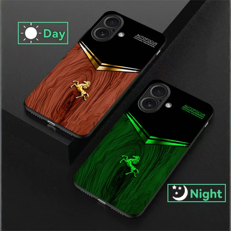 For iPhone 17 Luminous Case Pattern Print Night Glow TPU + PC + Tempered Glass Phone Back Cover - Wood Texture Golden Horse