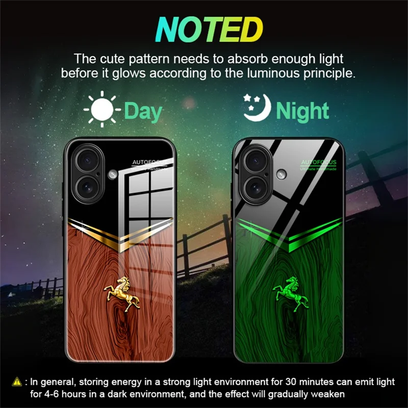 For iPhone 17 Luminous Case Pattern Print Night Glow TPU + PC + Tempered Glass Phone Back Cover - Wood Texture Golden Horse