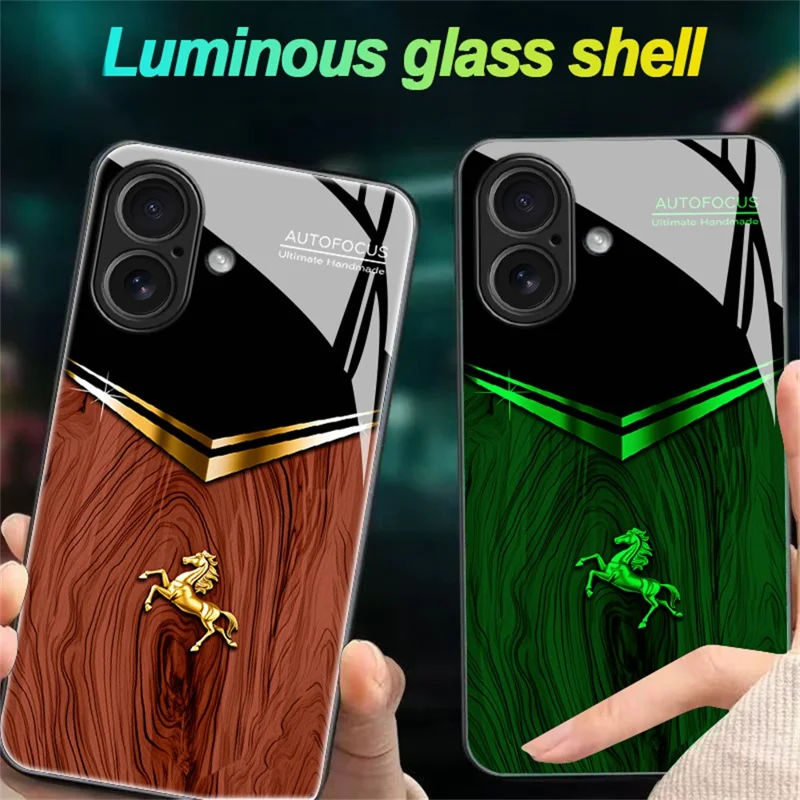 For iPhone 17 Luminous Case Pattern Print Night Glow TPU + PC + Tempered Glass Phone Back Cover - Wood Texture Golden Horse