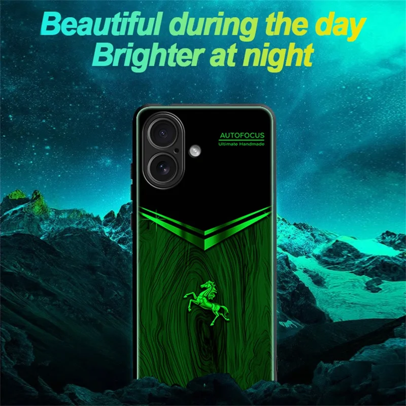 For iPhone 17 Luminous Case Pattern Print Night Glow TPU + PC + Tempered Glass Phone Back Cover - Wood Texture Golden Horse