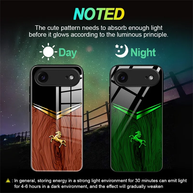For iPhone Air Luminous Case Pattern Print Night Glow TPU + PC + Tempered Glass Phone Back Cover - Wood Texture Golden Horse