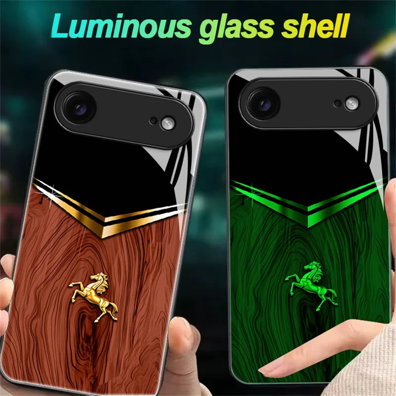 For iPhone Air Luminous Case Pattern Print Night Glow TPU + PC + Tempered Glass Phone Back Cover - Wood Texture Golden Horse