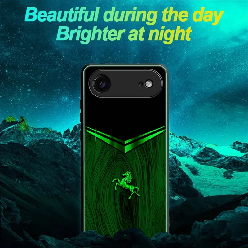 For iPhone Air Luminous Case Pattern Print Night Glow TPU + PC + Tempered Glass Phone Back Cover - Wood Texture Golden Horse