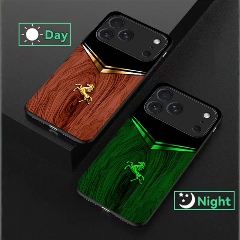 For iPhone 17 Pro Max Luminous Case Pattern Print Night Glow TPU + PC + Tempered Glass Phone Back Cover - Wood Texture Golden Horse