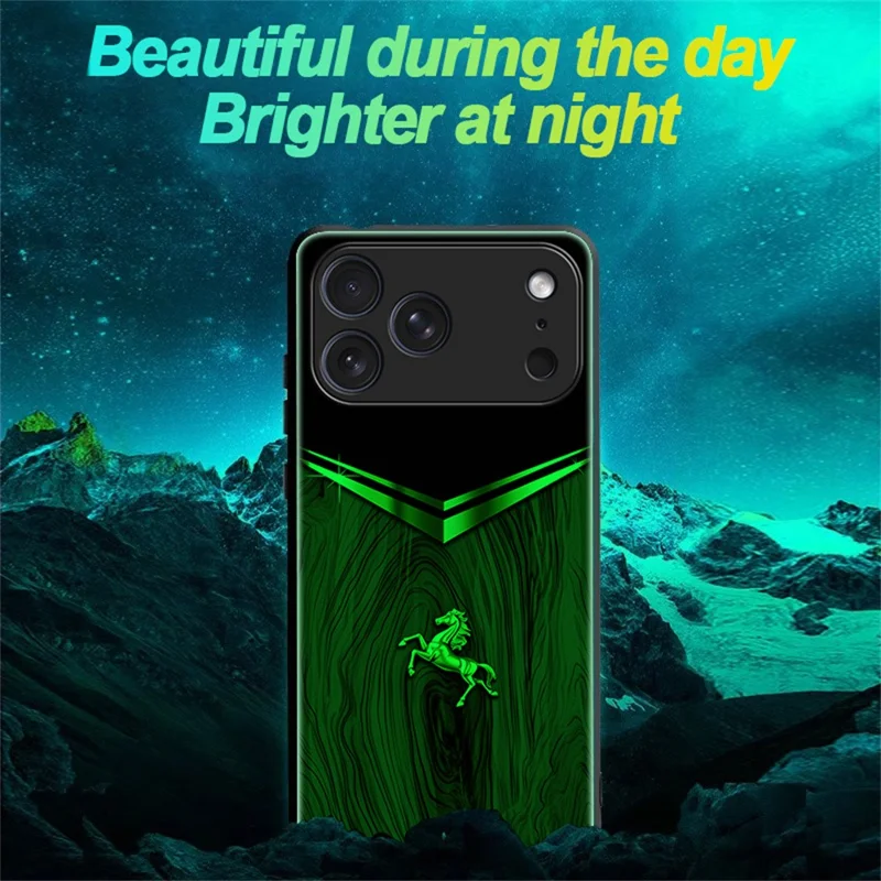 For iPhone 17 Pro Max Luminous Case Pattern Print Night Glow TPU + PC + Tempered Glass Phone Back Cover - Wood Texture Golden Horse