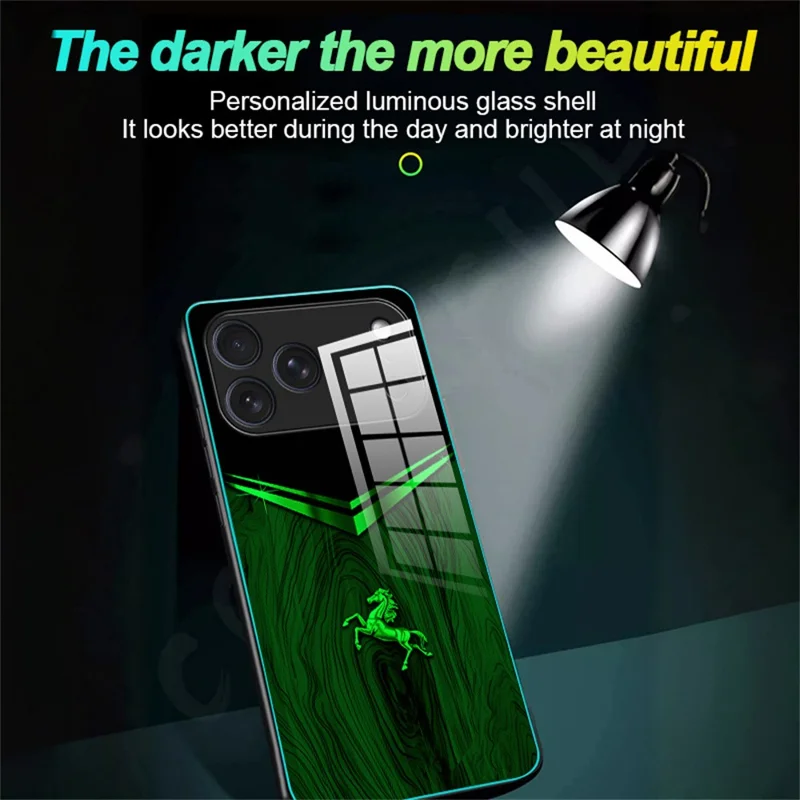 For iPhone 17 Pro Max Luminous Case Pattern Print Night Glow TPU + PC + Tempered Glass Phone Back Cover - Wood Texture Golden Horse