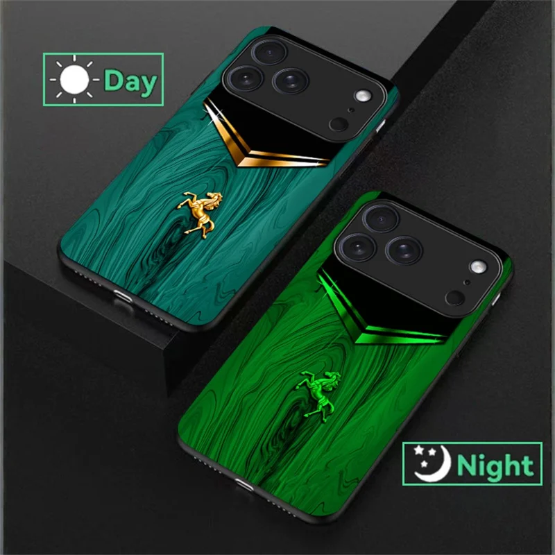 For iPhone 17 Pro Luminous Case Pattern Print Night Glow TPU + PC + Tempered Glass Phone Back Cover - Emerald Gold Horse