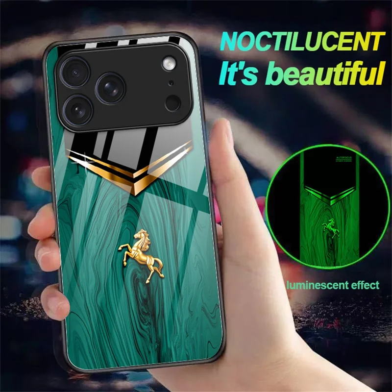 For iPhone 17 Pro Luminous Case Pattern Print Night Glow TPU + PC + Tempered Glass Phone Back Cover - Emerald Gold Horse