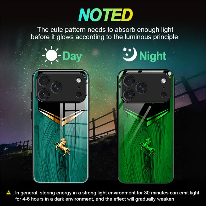 For iPhone 17 Pro Luminous Case Pattern Print Night Glow TPU + PC + Tempered Glass Phone Back Cover - Emerald Gold Horse