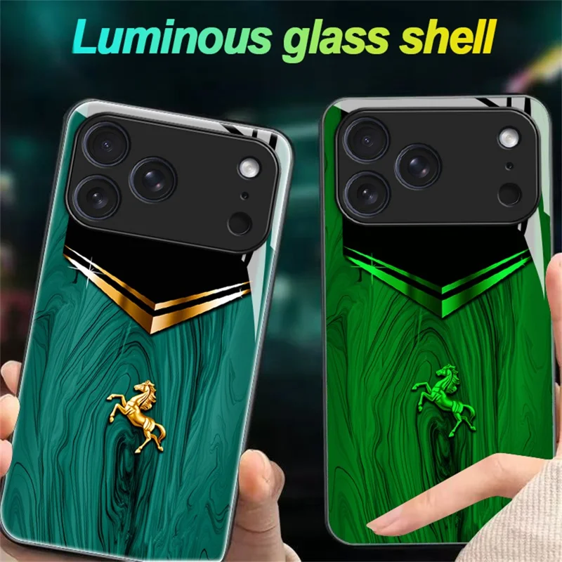 For iPhone 17 Pro Luminous Case Pattern Print Night Glow TPU + PC + Tempered Glass Phone Back Cover - Emerald Gold Horse
