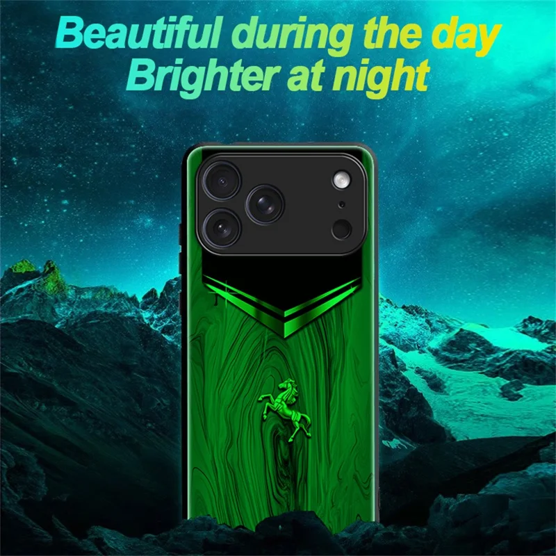 For iPhone 17 Pro Luminous Case Pattern Print Night Glow TPU + PC + Tempered Glass Phone Back Cover - Emerald Gold Horse