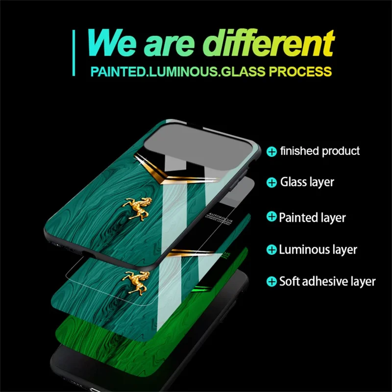 For iPhone 17 Pro Luminous Case Pattern Print Night Glow TPU + PC + Tempered Glass Phone Back Cover - Emerald Gold Horse