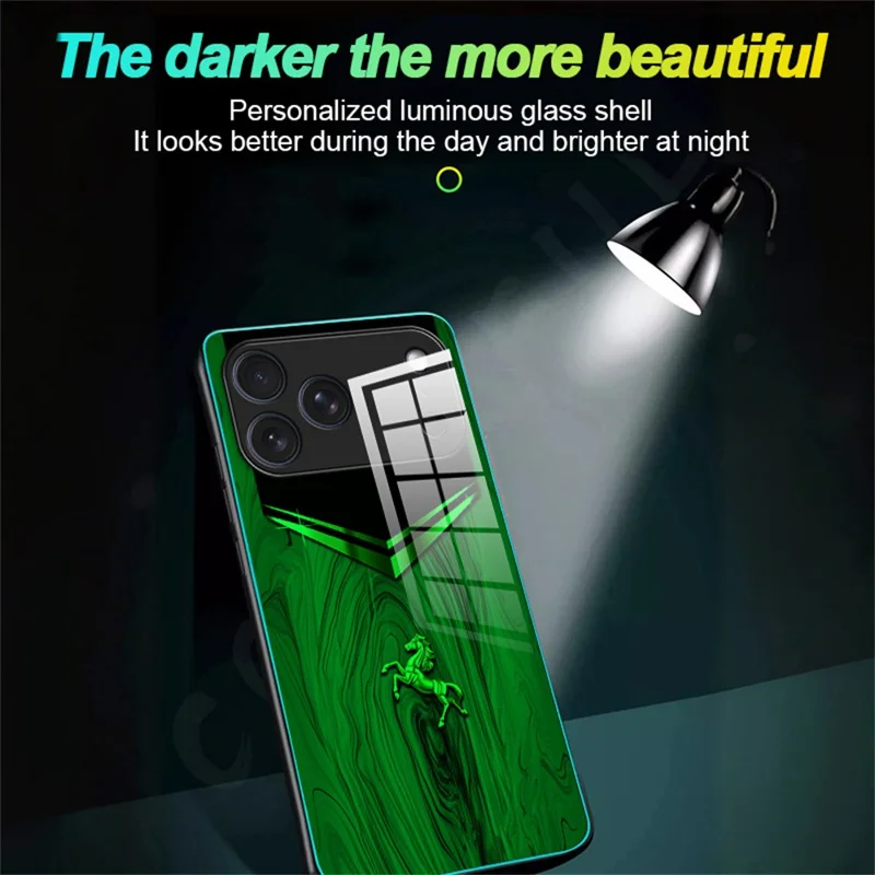 For iPhone 17 Pro Luminous Case Pattern Print Night Glow TPU + PC + Tempered Glass Phone Back Cover - Emerald Gold Horse