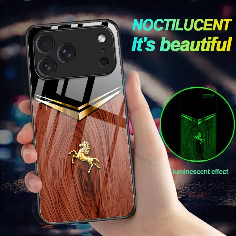 For iPhone 17 Pro Luminous Case Pattern Print Night Glow TPU + PC + Tempered Glass Phone Back Cover - Wood Texture Golden Horse