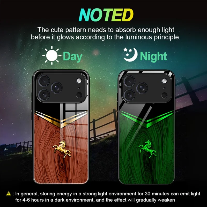 For iPhone 17 Pro Luminous Case Pattern Print Night Glow TPU + PC + Tempered Glass Phone Back Cover - Wood Texture Golden Horse