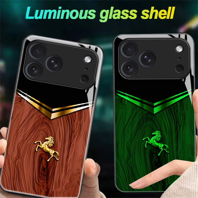 For iPhone 17 Pro Luminous Case Pattern Print Night Glow TPU + PC + Tempered Glass Phone Back Cover - Wood Texture Golden Horse