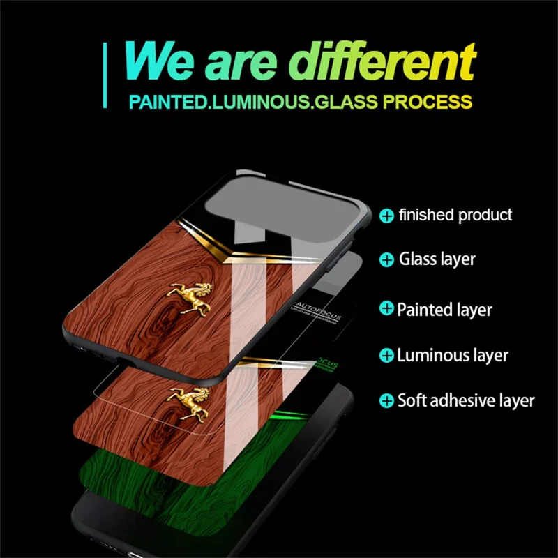 For iPhone 17 Pro Luminous Case Pattern Print Night Glow TPU + PC + Tempered Glass Phone Back Cover - Wood Texture Golden Horse