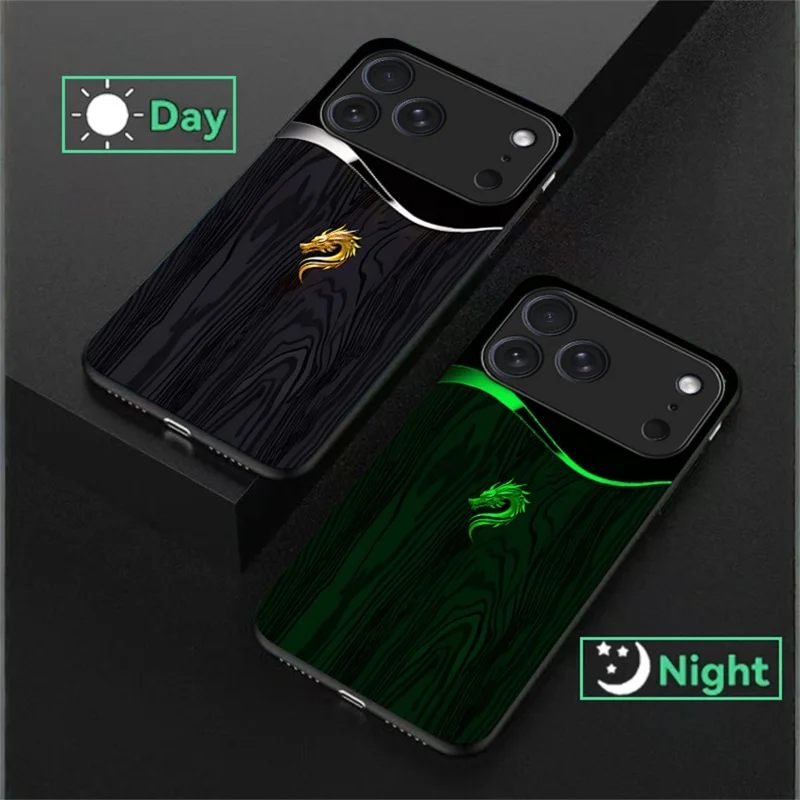 For iPhone 17 Pro Luminous Case Pattern Print Night Glow TPU + PC + Tempered Glass Phone Back Cover - Black Grain Golden Dragon