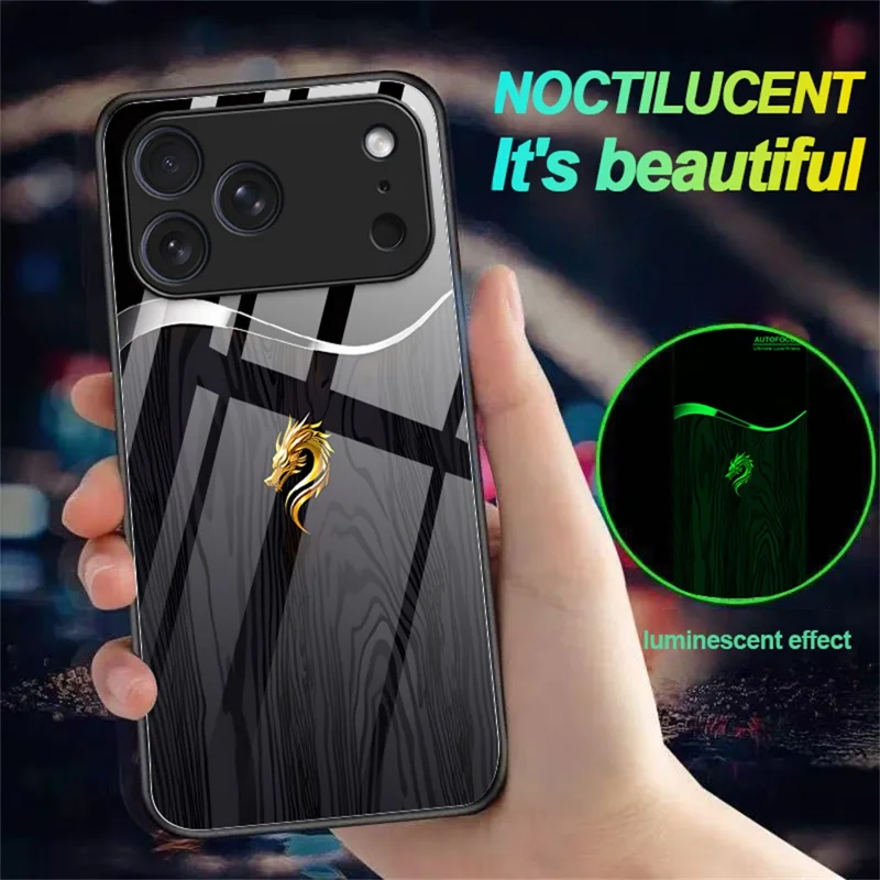 For iPhone 17 Pro Luminous Case Pattern Print Night Glow TPU + PC + Tempered Glass Phone Back Cover - Black Grain Golden Dragon