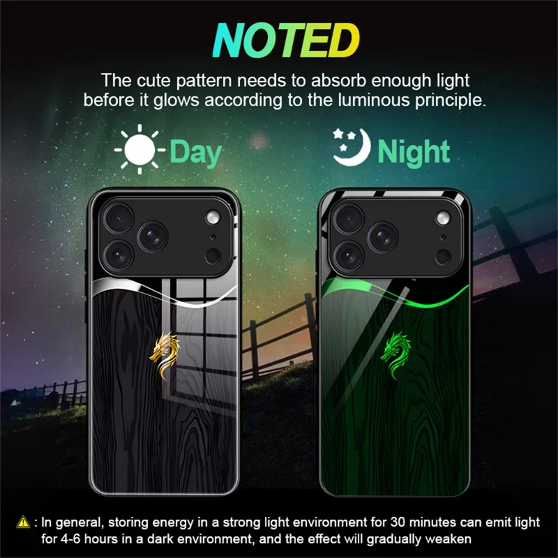 For iPhone 17 Pro Luminous Case Pattern Print Night Glow TPU + PC + Tempered Glass Phone Back Cover - Black Grain Golden Dragon