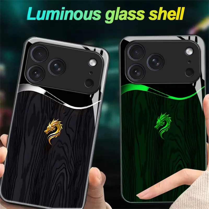 For iPhone 17 Pro Luminous Case Pattern Print Night Glow TPU + PC + Tempered Glass Phone Back Cover - Black Grain Golden Dragon