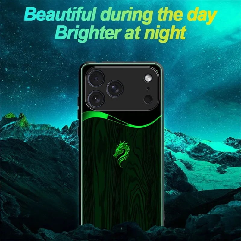 For iPhone 17 Pro Luminous Case Pattern Print Night Glow TPU + PC + Tempered Glass Phone Back Cover - Black Grain Golden Dragon