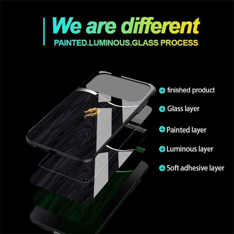For iPhone 17 Pro Luminous Case Pattern Print Night Glow TPU + PC + Tempered Glass Phone Back Cover - Black Grain Golden Dragon