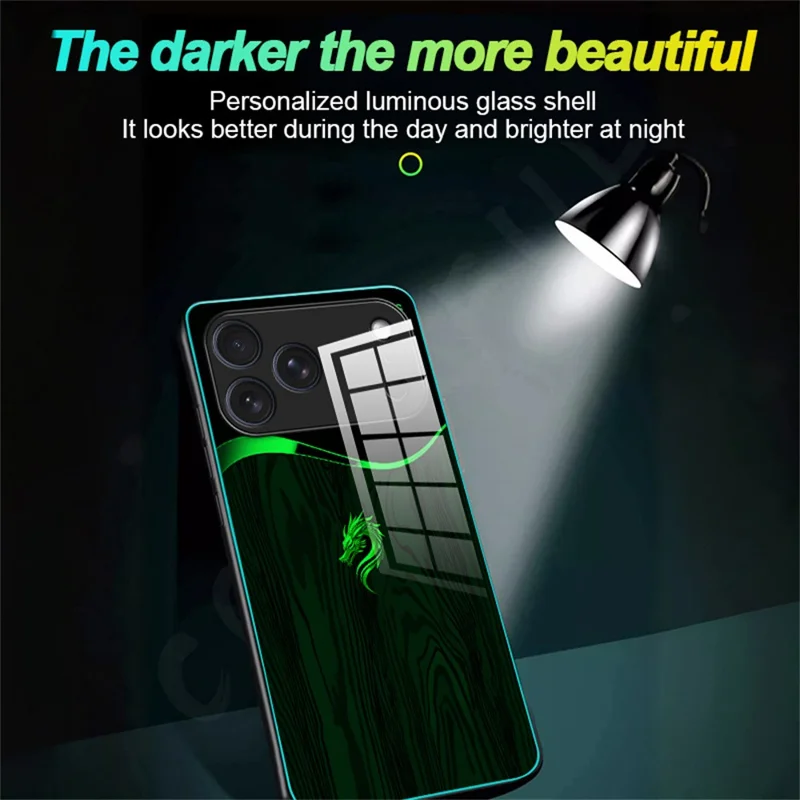 For iPhone 17 Pro Luminous Case Pattern Print Night Glow TPU + PC + Tempered Glass Phone Back Cover - Black Grain Golden Dragon