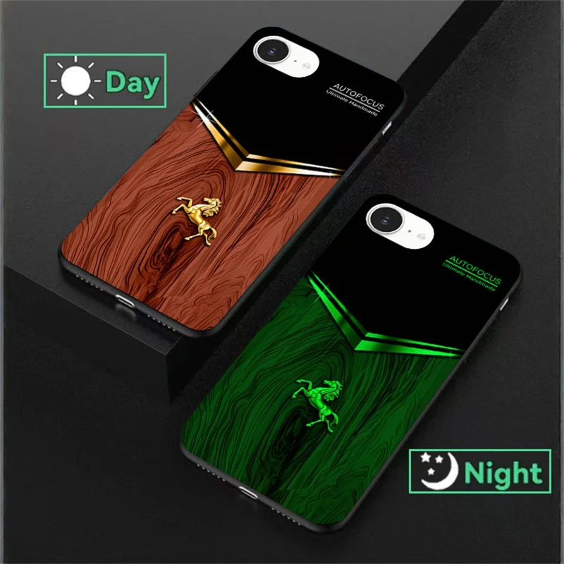 For iPhone 16e Luminous Case Pattern Print Night Glow TPU + PC + Tempered Glass Phone Back Cover - Wood Texture Golden Horse