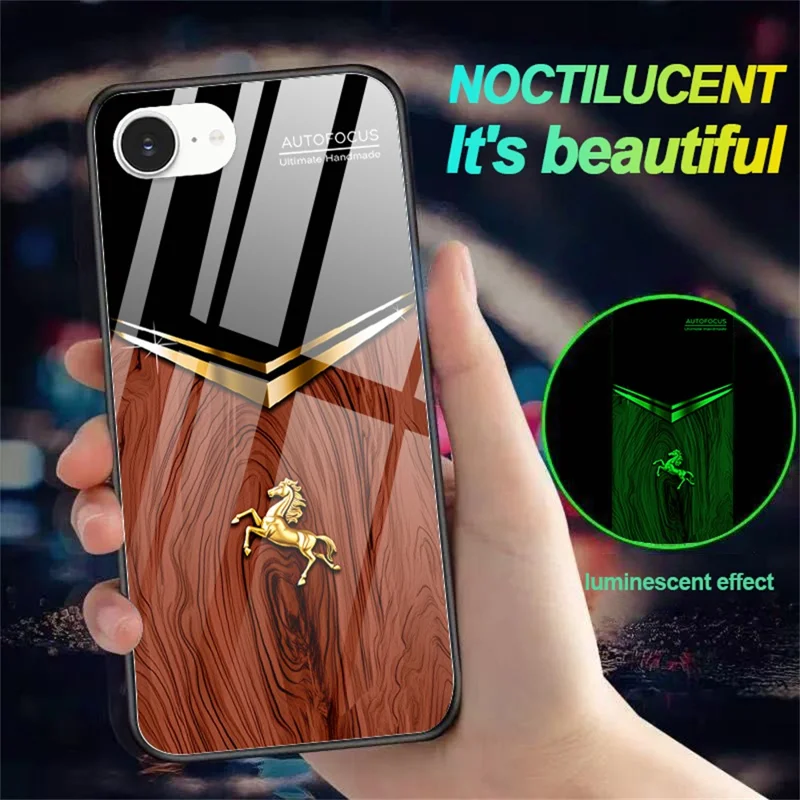 For iPhone 16e Luminous Case Pattern Print Night Glow TPU + PC + Tempered Glass Phone Back Cover - Wood Texture Golden Horse