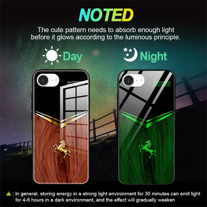 For iPhone 16e Luminous Case Pattern Print Night Glow TPU + PC + Tempered Glass Phone Back Cover - Wood Texture Golden Horse