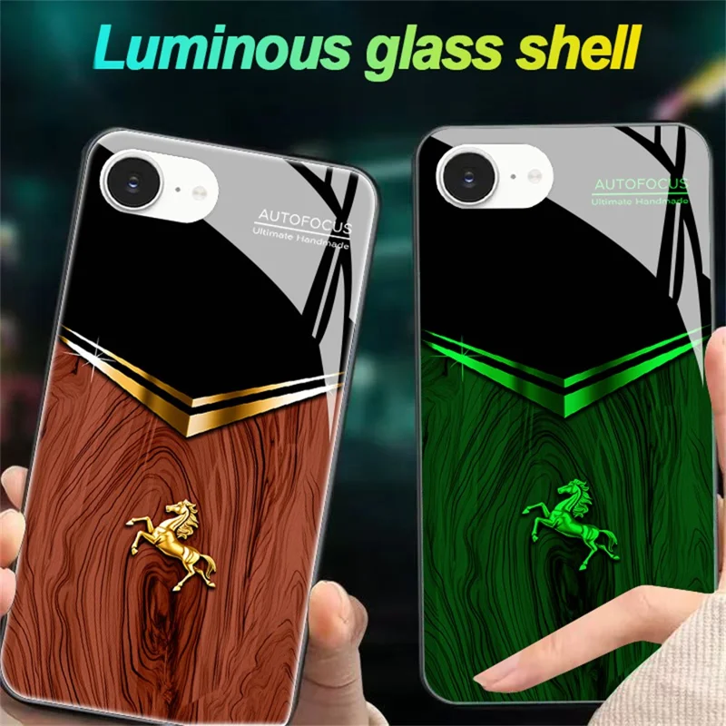 For iPhone 16e Luminous Case Pattern Print Night Glow TPU + PC + Tempered Glass Phone Back Cover - Wood Texture Golden Horse