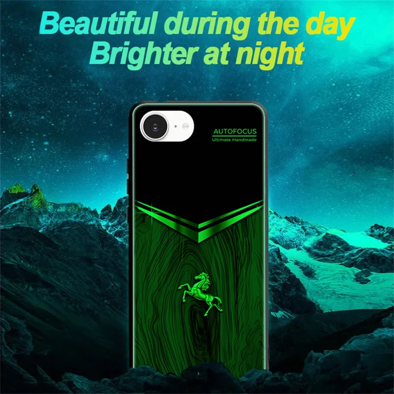 For iPhone 16e Luminous Case Pattern Print Night Glow TPU + PC + Tempered Glass Phone Back Cover - Wood Texture Golden Horse