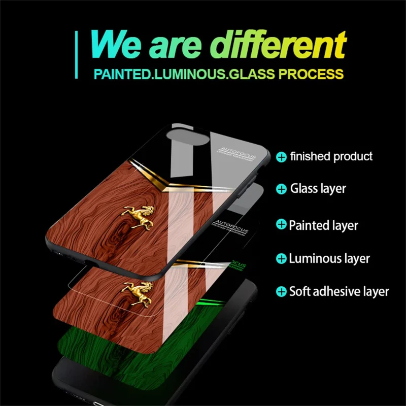 For iPhone 16e Luminous Case Pattern Print Night Glow TPU + PC + Tempered Glass Phone Back Cover - Wood Texture Golden Horse