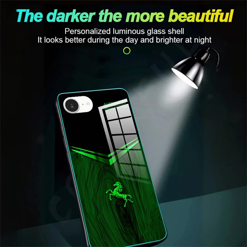 For iPhone 16e Luminous Case Pattern Print Night Glow TPU + PC + Tempered Glass Phone Back Cover - Wood Texture Golden Horse