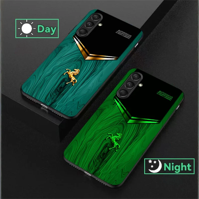 For Samsung Galaxy A26 5G Luminous Case Pattern Print Night Glow TPU + PC + Tempered Glass Phone Back Cover - Emerald Gold Horse