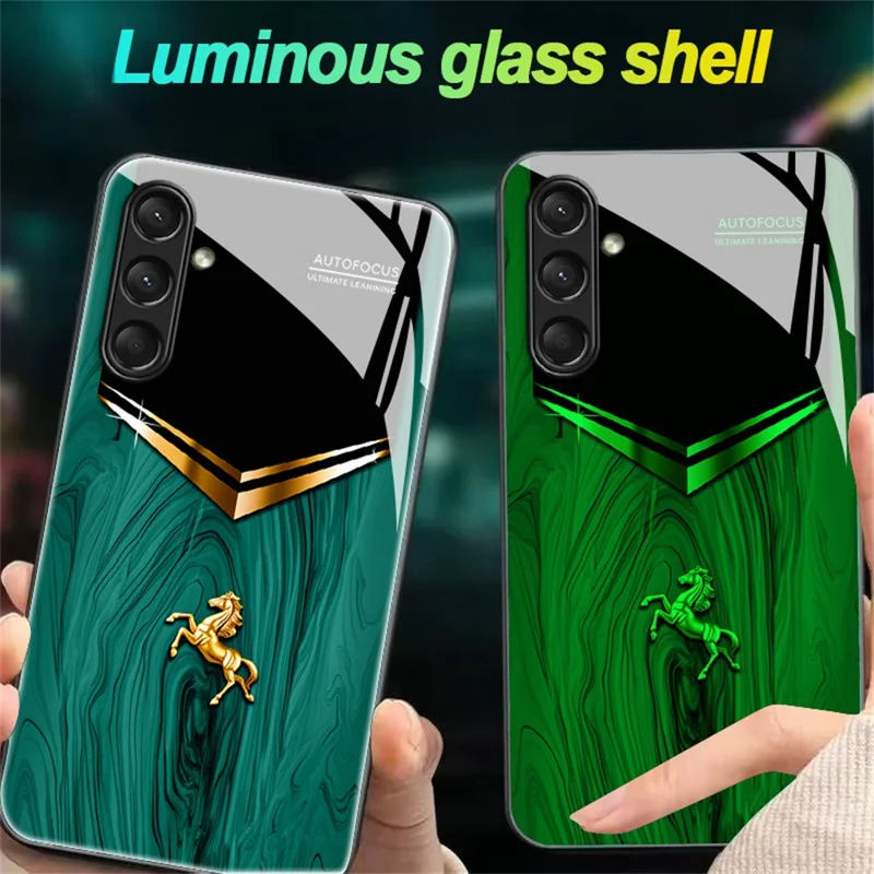 For Samsung Galaxy A26 5G Luminous Case Pattern Print Night Glow TPU + PC + Tempered Glass Phone Back Cover - Emerald Gold Horse