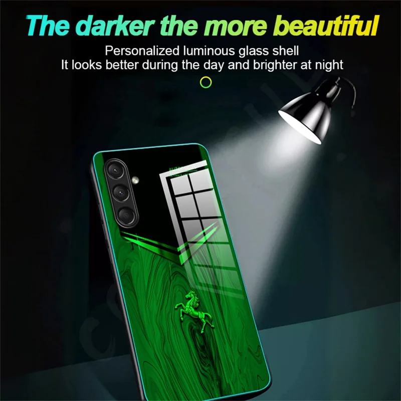 For Samsung Galaxy A26 5G Luminous Case Pattern Print Night Glow TPU + PC + Tempered Glass Phone Back Cover - Emerald Gold Horse