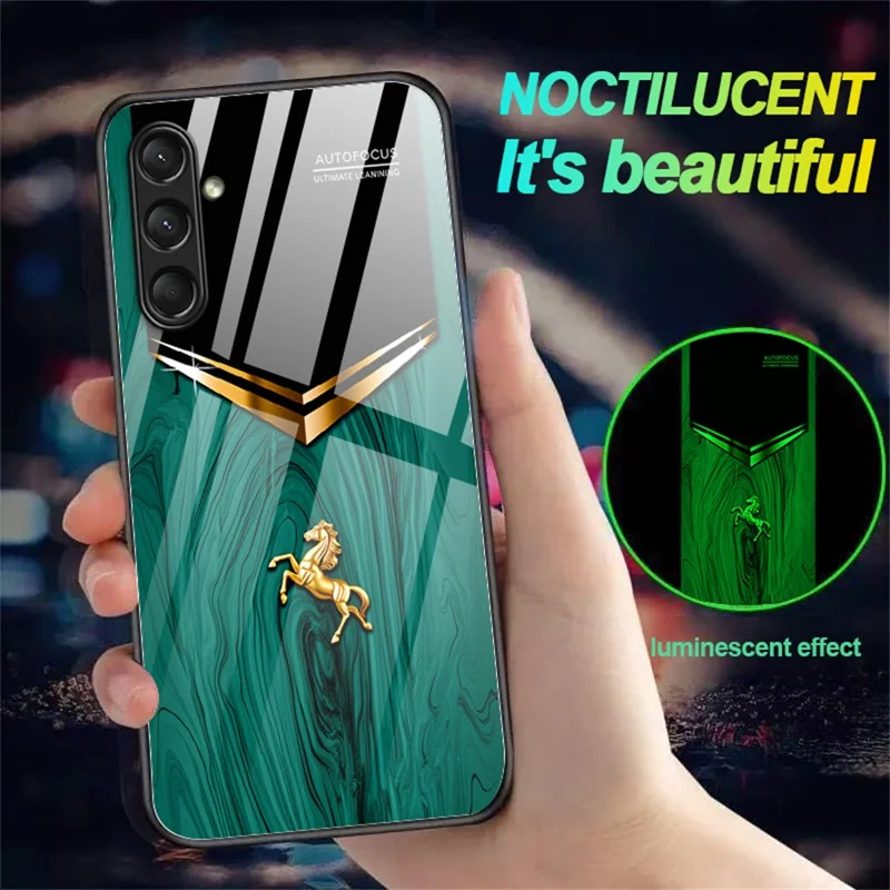 For Samsung Galaxy A56 5G Luminous Case Pattern Print Night Glow TPU + PC + Tempered Glass Phone Back Cover - Emerald Gold Horse