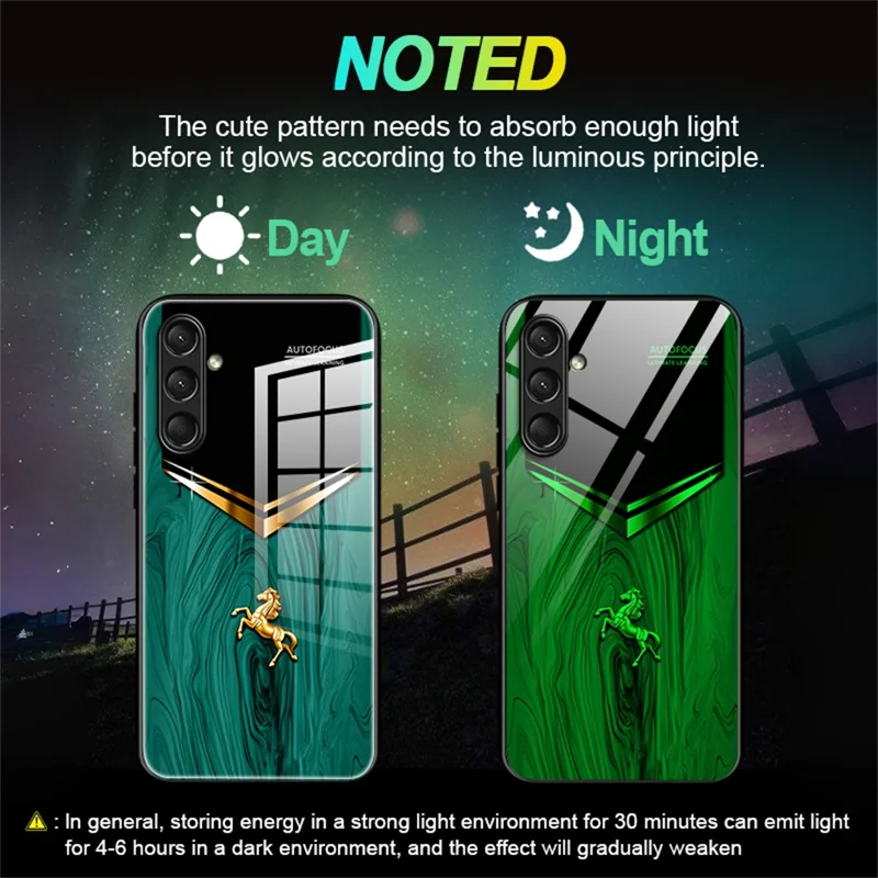 For Samsung Galaxy A56 5G Luminous Case Pattern Print Night Glow TPU + PC + Tempered Glass Phone Back Cover - Emerald Gold Horse
