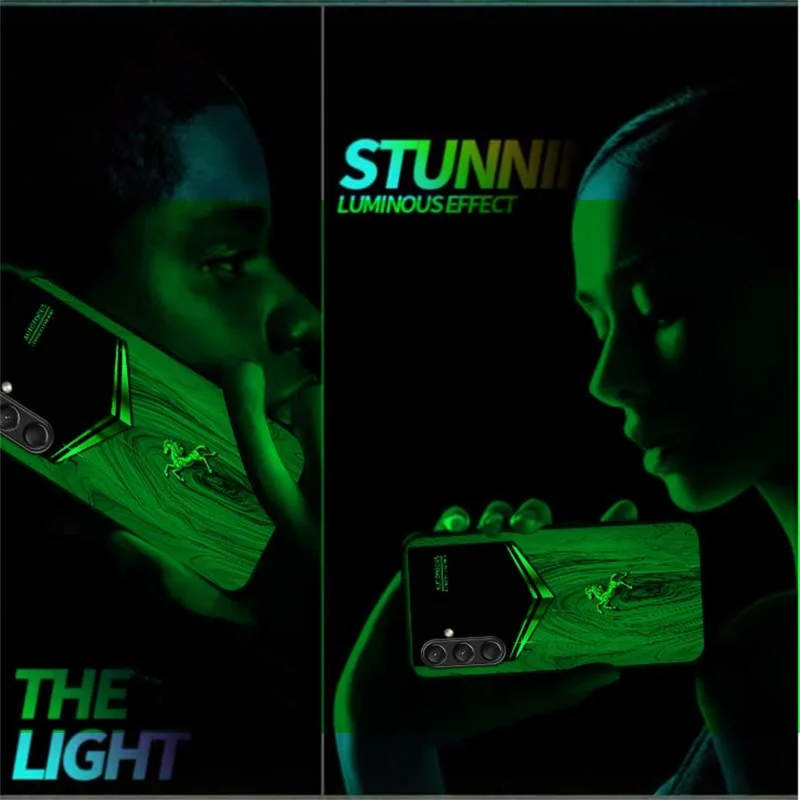 For Samsung Galaxy A56 5G Luminous Case Pattern Print Night Glow TPU + PC + Tempered Glass Phone Back Cover - Emerald Gold Horse