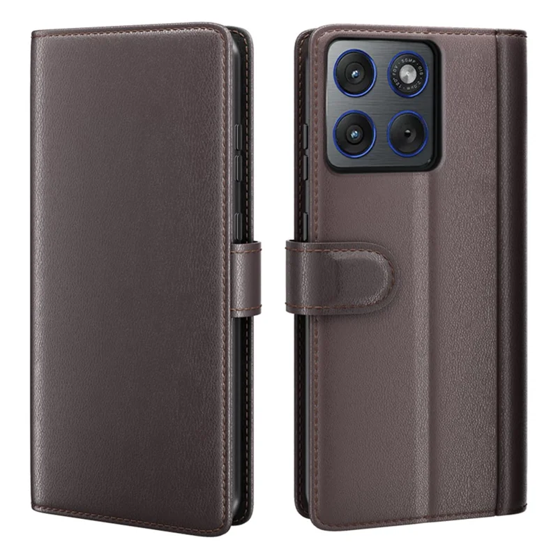 Voor Motorola Edge 70 5G hoesje van echt gespleten leer met portemonnee en standaard - Bruin