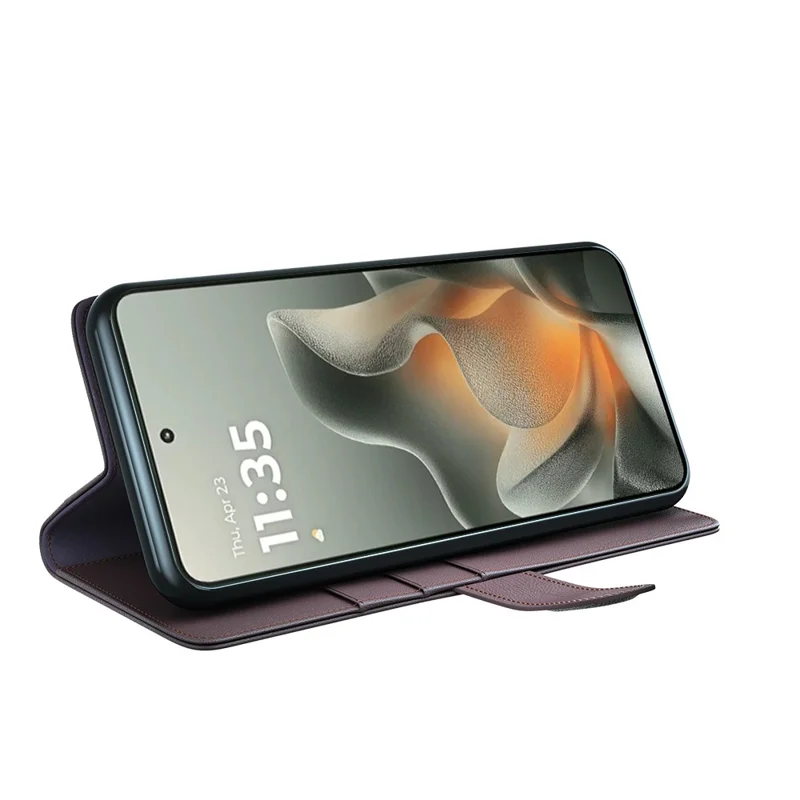 Voor Motorola Edge 70 5G hoesje van echt gespleten leer met portemonnee en standaard - Bruin