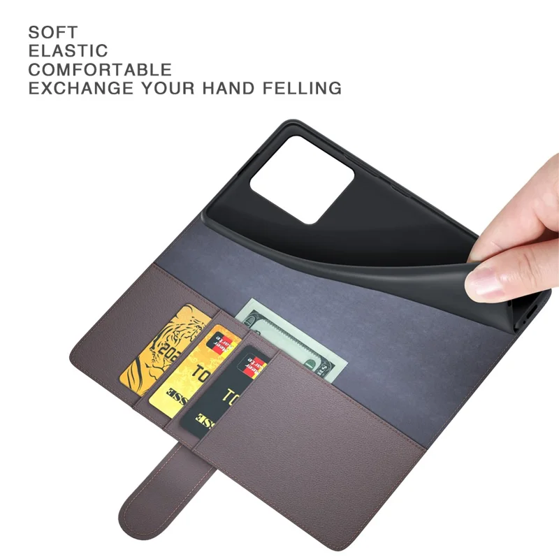 Voor Motorola Edge 70 5G hoesje van echt gespleten leer met portemonnee en standaard - Bruin