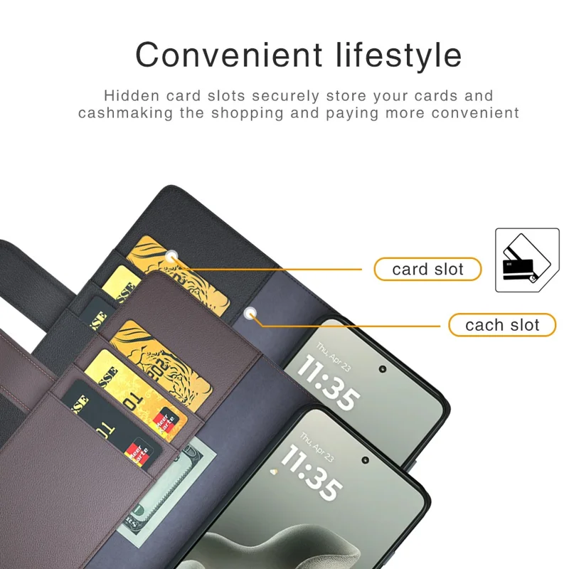 Voor Motorola Edge 70 5G hoesje van echt gespleten leer met portemonnee en standaard - Bruin