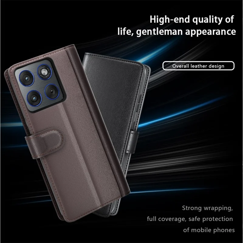 Voor Motorola Edge 70 5G hoesje van echt gespleten leer met portemonnee en standaard - Bruin