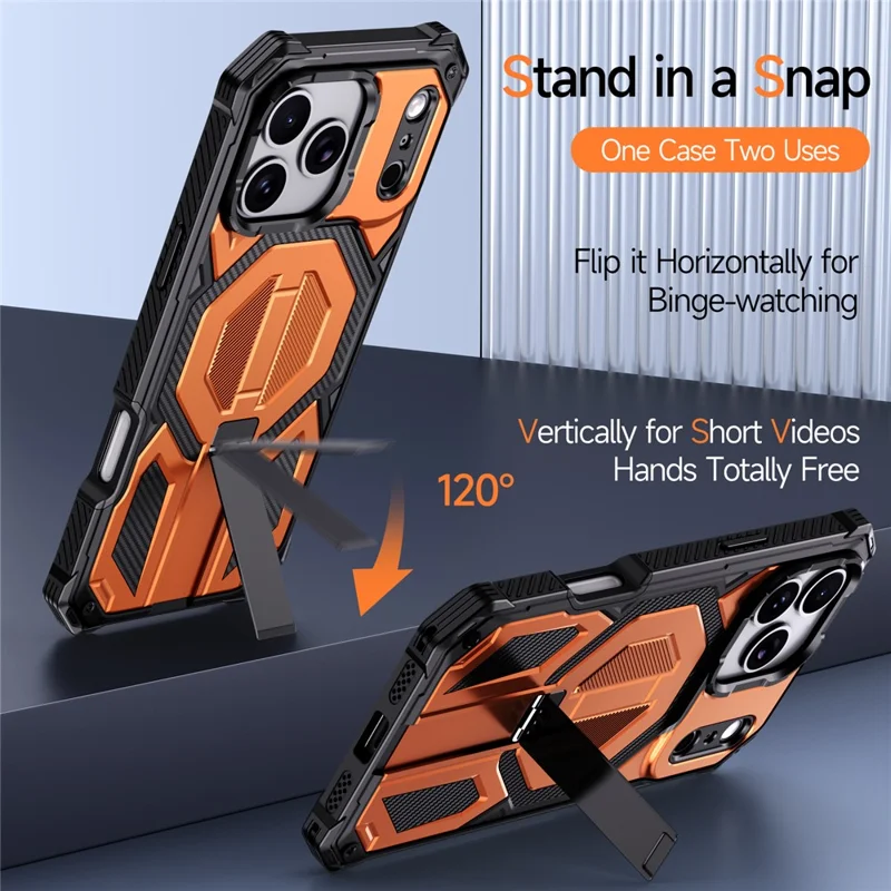 For iPhone 17 Pro Magnetic Case with High Aluminium-silicon Glass Film, TPU + PC Kickstand Phone Cover - Orange