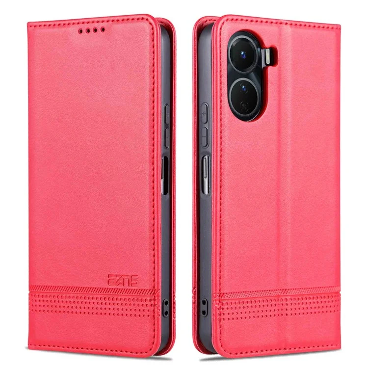 Azns Pour Vivo Y16 4g Texture de Cube à Vache pu Couverture de Support de Portefeuille de Téléphone à Téléphonie Absorbée Auto-absorbée - Rouge